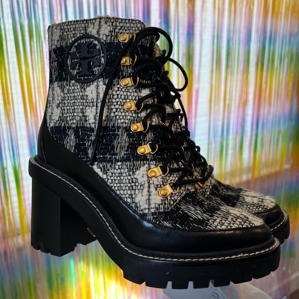 Tory Burch Black and Cream Tweed Lace-Up Block Heel Ankle Boots - Picture 4 of 8